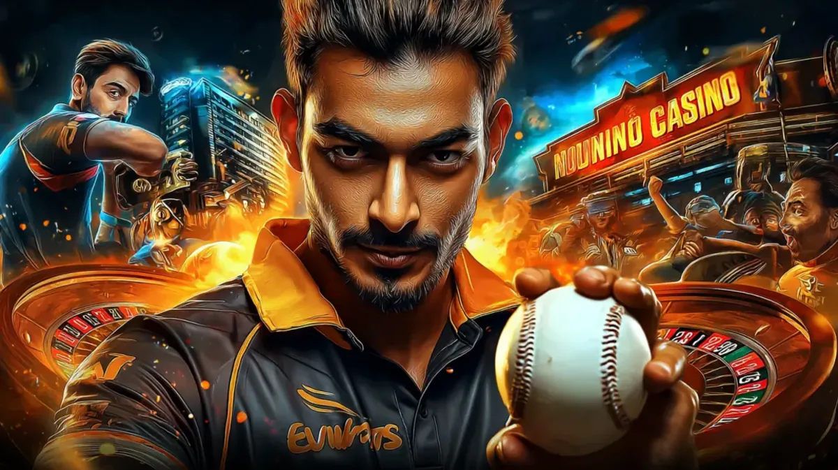 একটি তীব্র ক্রিকেট খেলোয়াড় একটি ক্রিকেট বল ধরে আছেন; একটি সংমিশ্রিত ছবিতে স্পোর্টস স্টেডিয়াম ও db333 গেমিং প্ল্যাটফর্মের উজ্জ্বল neon-আলোকিত পরিবেশ একসঙ্গে মেশানো হয়েছে।