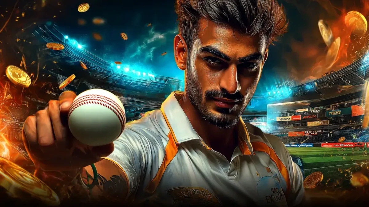 db333-এ ক্রিকেট-গেমিং-আনন্দময় জগত প্রচারের জন্য ভিড়ভাট্টা স্টেডিয়ামে একজন মনোযোগী ও তীক্ষ্ণ-চোখের পুরুষ ক্রিকেট খেলোয়াড় একটি ক্রিকেট বল উঁচু করে ধরে দেখান। সোনালি কয়েন ও আগুনের প্রভাব নাটক বাড়ায়।
